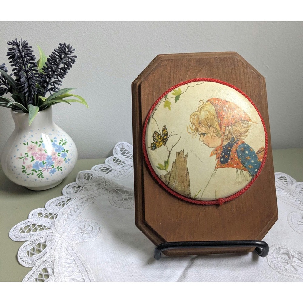 Vintage Wooden Wall Plaque Little Girl‎ Butterfly Art, Cottagecore Nursery Decor